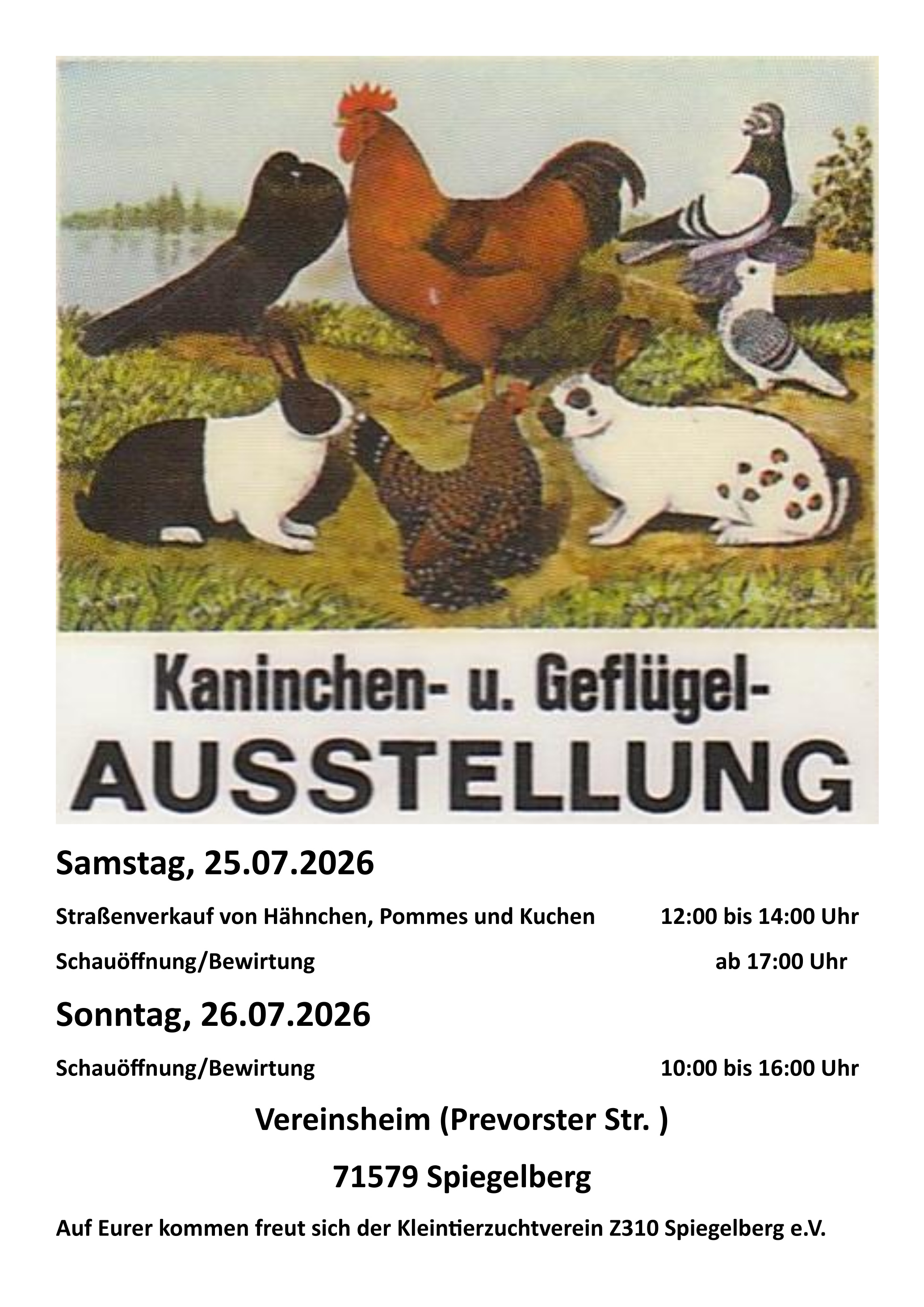 Einladung zur Kaninchen- und Geflügelausstellung des Kleintierzuchtvereins Z310 Spiegelberg e.V.26./27.07.2026